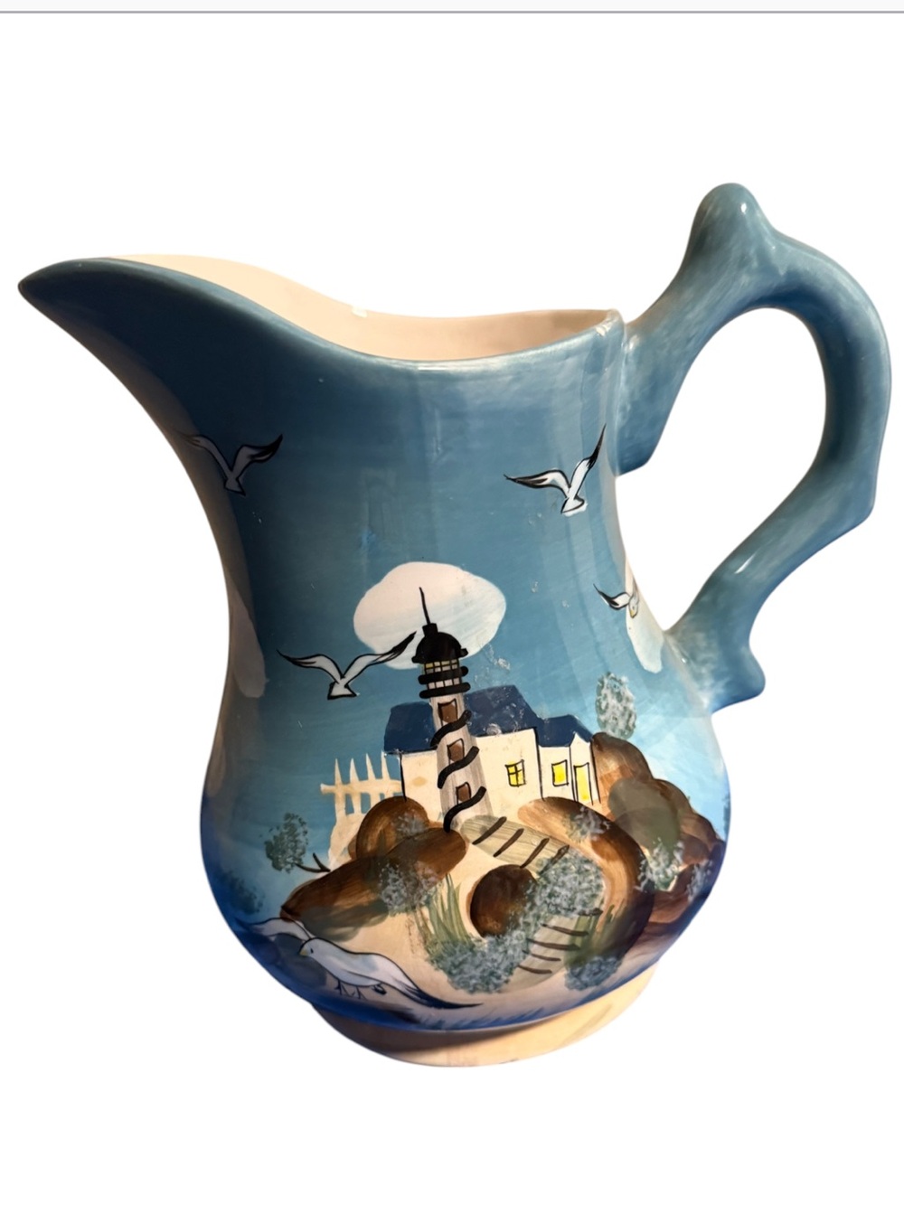 Vintage Hand-Painted Coastal Blue Ceramic Pitcher